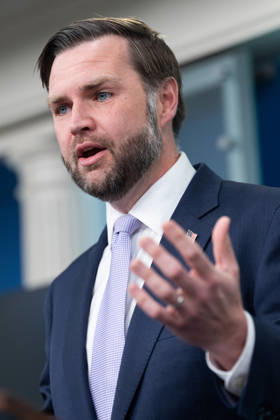 Vice President JD Vance gives remarks during a press conference in the James Brady Press Briefing Room of the White House in Washington, DC on Tuesday, May 19, 2026. Vance defended the creation of a $1.8 billion Department of Justice fund that would compensate certain individuals who were investigated and prosecuted by the Biden Administration.  WAP20250519005b AARONxSCHWARTZ
