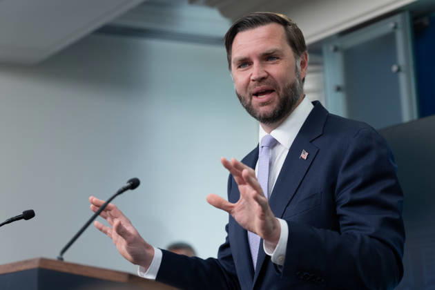 Vice President JD Vance gives remarks during a press conference in the James Brady Press Briefing Room of the White House in Washington, DC on Tuesday, May 19, 2026. Vance defended the creation of a $1.8 billion Department of Justice fund that would compensate certain individuals who were investigated and prosecuted by the Biden Administration.  WAP20260519603 AARONxSCHWARTZ