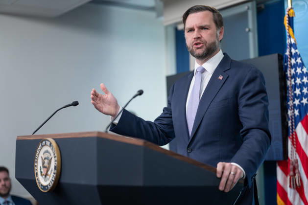 Vice President JD Vance gives remarks during a press conference in the James Brady Press Briefing Room of the White House in Washington, DC on Tuesday, May 19, 2026. Vance defended the creation of a $1.8 billion Department of Justice fund that would compensate certain individuals who were investigated and prosecuted by the Biden Administration.  WAP20260519612 AARONxSCHWARTZ