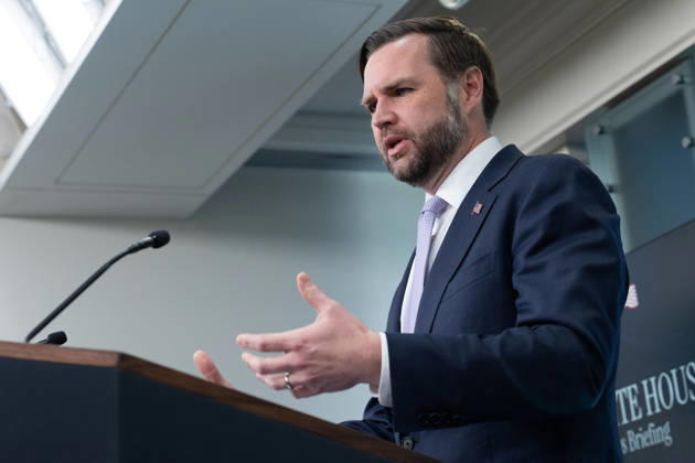 Vice President JD Vance gives remarks during a press conference in the James Brady Press Briefing Room of the White House in Washington, DC on Tuesday, May 19, 2026. Vance defended the creation of a $1.8 billion Department of Justice fund that would compensate certain individuals who were investigated and prosecuted by the Biden Administration.  WAP20260519614 AARONxSCHWARTZ