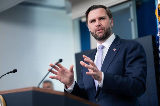 Vice President JD Vance gives remarks during a press conference in the James Brady Press Briefing Room of the White House in Washington, DC on Tuesday, May 19, 2026. Vance defended the creation of a $1.8 billion Department of Justice fund that would compensate certain individuals who were investigated and prosecuted by the Biden Administration.  WAP20260519616 AARONxSCHWARTZ