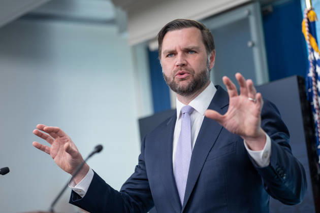 Vice President JD Vance gives remarks during a press conference in the James Brady Press Briefing Room of the White House in Washington, DC on Tuesday, May 19, 2026. Vance defended the creation of a $1.8 billion Department of Justice fund that would compensate certain individuals who were investigated and prosecuted by the Biden Administration.  WAP20260519617 AARONxSCHWARTZ
