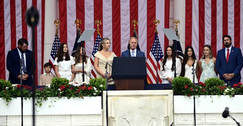 United States President Donald J Trump delivers remarks in the Amphitheater after laying a wreath at the Tomb of the Unknowns at Arlington National Cemetery in Arlington, Virginia on Memorial Day, Monday, May 25, 2026..  WAX20260525222 KylexMazza