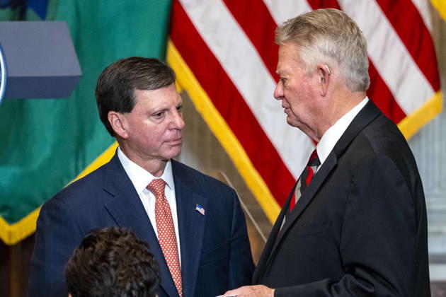 Commissioner of the Social Security Administration Frank Bisignano speaks with Governor of Idaho Brad Little before an event with First Lady Melania Trump and Treasury Secretary Scott Bessent during an event at the Treasury Department in Washington, DC on Thursday, June 11, 2026. The administration announced the launch of Fostering the Future Accounts as part of Trump Accounts and the First Lady s Fostering the Future initiative.  WAP20260611319 BONNIExCASH