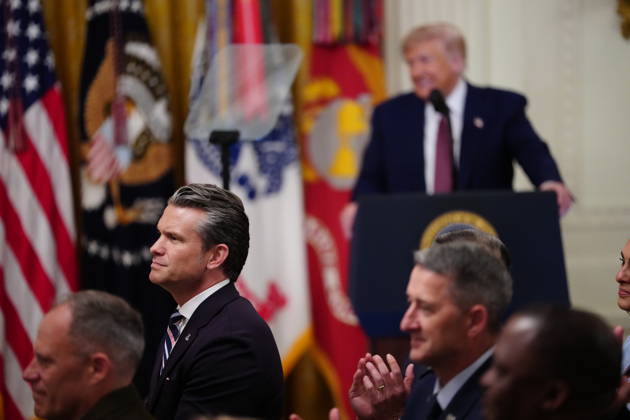 United States Secretary of War Pete Hegseth looks on as US President Donald J Trump makes remarks as he awards the Medal of Honor to Major James Capers, Jr, US Marine Corps (Retired); Colonel John W. Ripley, US Marine Corps (Posthumous); and Major Nicholas Dockery, US Army (Retired) during a ceremony in the East Room of the White House in Washington, DC, USA, on Thursday, June 18, 2026. Copyright: xAaronxSchwartzx xPoolxviaxCNPx MediaPunchx