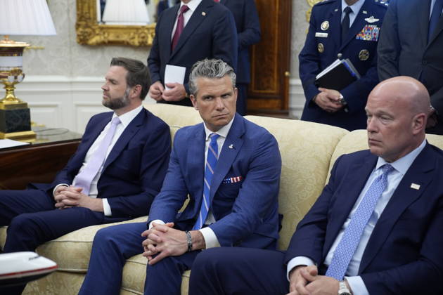 United States Secretary of War Pete Hegseth listens as US President Donald J Trump meets with Mark Rutte, Secretary General of the North Atlantic Treaty Organization (NATO) in the Oval Office of the White House in Washington, DC, USA, on Wednesday, June 24, 2026. Copyright: xYurixGripasx xPoolxviaxCNPx MediaPunchx