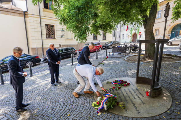 From left: Senate President Milos Vystrcil, Senator Jiri Ruzicka, Senate Chancellor Radek Jiranek, and Senator David Smoljak attend a memorial ceremony to honour Milada Horakova at the Milada Horakova Memorial at Petikostelni namesti (The five-church square), Prague, today, on Friday, June 26, 2026. (CTKxPhoto VitxSimanek) CTKPhotoP2026062606122  CTKPhotoP2026062606122