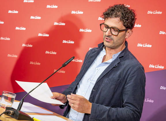 Luigi Pantisano EUR, Germany, Berlin, July 6, 2026 Press conference by Luigi Pantisano, Chair of the Die Linke party, at the Karl Liebknecht House on current issues