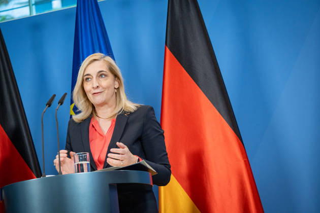 Nina Warken, Federal Minister for Special Tasks, Head of the Federal Chancellery, and Federal Government Commissioner for the Federal Intelligence Services, during a press conference at the Federal Chancellery on the reform of intelligence service legislation, Berlin, Germany, Federal Chancellery