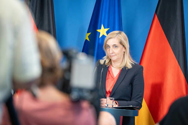 Nina Warken, Federal Minister for Special Tasks, Head of the Federal Chancellery, and Federal Government Commissioner for the Federal Intelligence Services, during a press conference at the Federal Chancellery on the reform of intelligence service legislation, Berlin, Germany, Federal Chancellery