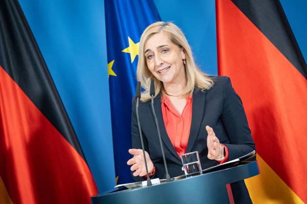Nina Warken, Federal Minister for Special Tasks, Head of the Federal Chancellery, and Federal Government Commissioner for the Federal Intelligence Services, during a press conference at the Federal Chancellery on the reform of intelligence service legislation, Berlin, Germany, Federal Chancellery