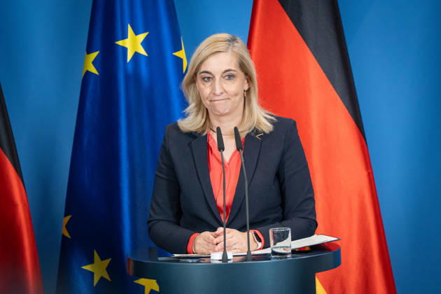 Nina Warken, Federal Minister for Special Tasks, Head of the Federal Chancellery, and Federal Government Commissioner for the Federal Intelligence Services, during a press conference at the Federal Chancellery on the reform of intelligence service legislation, Berlin, Germany, Federal Chancellery
