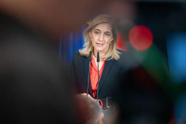 Nina Warken, Federal Minister for Special Tasks, Head of the Federal Chancellery, and Federal Government Commissioner for the Federal Intelligence Services, during a press conference at the Federal Chancellery on the reform of intelligence service legislation, Berlin, Germany, Federal Chancellery