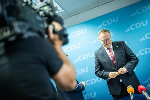 Mario Voigt, Minister-President of Thuringia, holds a press conference at the CDU state headquarters Press conference by the Minister-President of Thuringia at the CDU state headquarters, Erfurt, Thuringia, Germany CDU Thuringia State Headquarters