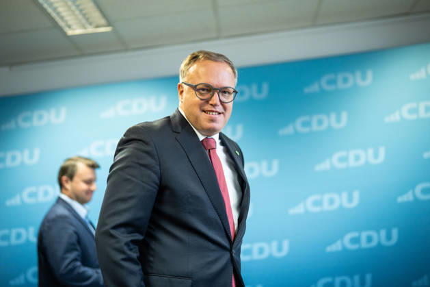Mario Voigt, Minister President of Thuringia, with Niklas Waßmann, Secretary General of the CDU Thuringia Press conference held by the Minister President of Thuringia at the CDU state headquarters in Erfurt, Thuringia, Germany CDU Thuringia State Headquarters