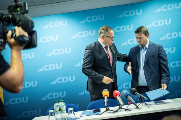 Mario Voigt, Minister President of Thuringia, with Niklas Waßmann, Secretary General of the CDU Thuringia Press conference held by the Minister President of Thuringia at the CDU state headquarters in Erfurt, Thuringia, Germany CDU Thuringia State Headquarters