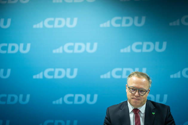 Mario Voigt, Minister-President of Thuringia, holds a press conference at the CDU state headquarters Press conference by the Minister-President of Thuringia at the CDU state headquarters, Erfurt, Thuringia, Germany CDU Thuringia State Headquarters