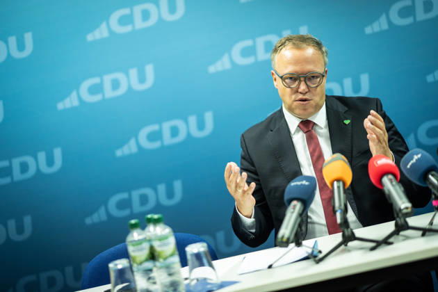 Mario Voigt, Minister-President of Thuringia, holds a press conference at the CDU state headquarters Press conference by the Minister-President of Thuringia at the CDU state headquarters, Erfurt, Thuringia, Germany CDU Thuringia State Headquarters