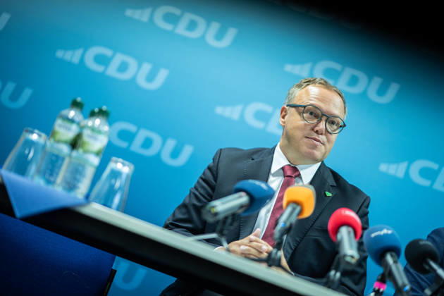 Mario Voigt, Minister-President of Thuringia, holds a press conference at the CDU state headquarters Press conference by the Minister-President of Thuringia at the CDU state headquarters, Erfurt, Thuringia, Germany CDU Thuringia State Headquarters