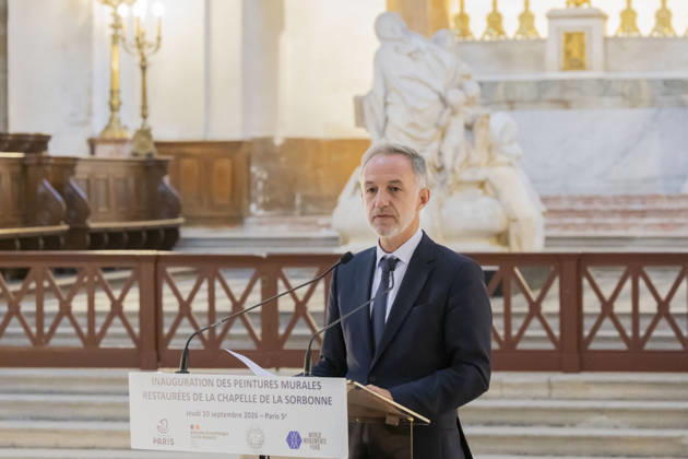Paris, France September 10, 2026 - Inauguration of the first phase of restoration of the Sorbonne Chapel. This event marks a decisive step toward reopening this iconic landmark which has been closed for more than 25 years to the public. - Emmanuel Gregoire CHAPELLE DE LA SORBONNE, PATRIMOINE, RESTAURATION, TRAVAUX, MONUMENT PARISIEN, ARCHITECTURE, POLITIQUE  Copyright: xVincentxIsorex