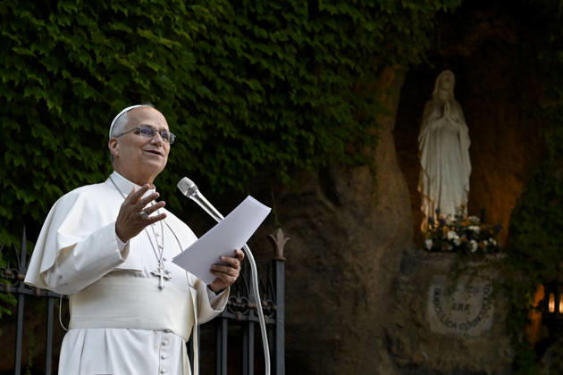 IPA89187805 - Italy, Rome, Vatican, October 1, 2026: Pope Leo XIV reacts as he attends the One Million Children Praying the Rosary event at the Lourdes Grotto in the Vatican Gardens. Photo by VATICAN MEDIA Catholic Press Photo Copyright: xVATICANxMEDIA xxCatholicxPressxPhotox xx IPA89187805