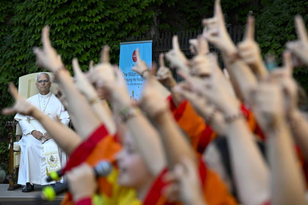 IPA89187812 - Italy, Rome, Vatican, October 1, 2026: Pope Leo XIV reacts as he attends the One Million Children Praying the Rosary event at the Lourdes Grotto in the Vatican Gardens. Photograph by VATICAN MEDIA Catholic Press Photo Copyright: xVATICANxMEDIA xxCatholicxPressxPhotox xx IPA89187812