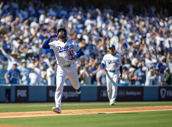 October 3, 2026, Los Angeles, California, USA: Teoscar Herno¡ndez 37 of the Los Angeles Dodgers reacts after hitting a 2-run home run during the fourth inning against the Atlanta Braves in game one of the National League Division Series at Dodger Stadium on October 03, 2026 in Los Angeles, California. Los Angeles Dodgers won the game 5-3. . Los Angeles USA - ZUMAa60_ 20261003_zaf_a60_022 Copyright: xArmandoxArorizox