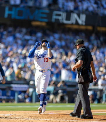 October 3, 2026, Los Angeles, California, USA: Max Muncy of the Los Angeles Dodgers reacts after hitting a solo home run during the game against the Atlanta Braves in game one of the National League Division Series at Dodger Stadium on October 03, 2026 in Los Angeles, California. Los Angeles Dodgers won the game 5-3. . Los Angeles USA  - ZUMAa60_ 20261003_zaf_a60_023 Copyright: xArmandoxArorizox