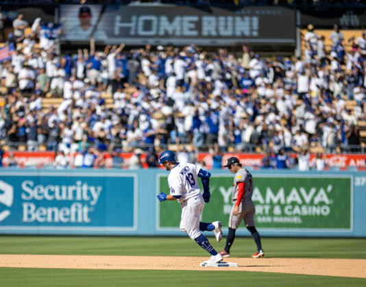 October 3, 2026, Los Angeles, California, USA: Max Muncy of the Los Angeles Dodgers reacts after hitting a solo home run during the game against the Atlanta Braves in game one of the National League Division Series at Dodger Stadium on October 03, 2026 in Los Angeles, California. Los Angeles Dodgers won the game 5-3. . Los Angeles USA - ZUMAa60_ 20261003_zaf_a60_029 Copyright: xArmandoxArorizox