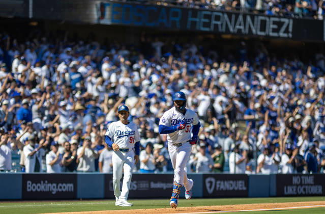 October 3, 2026, Los Angeles, California, USA: Teoscar Herno¡ndez 37 of the Los Angeles Dodgers reacts after hitting a 2-run home run during the fourth inning against the Atlanta Braves in game one of the National League Division Series at Dodger Stadium on October 03, 2026 in Los Angeles, California. Los Angeles Dodgers won the game 5-3. . Los Angeles USA - ZUMAa60_ 20261003_zaf_a60_034 Copyright: xArmandoxArorizox