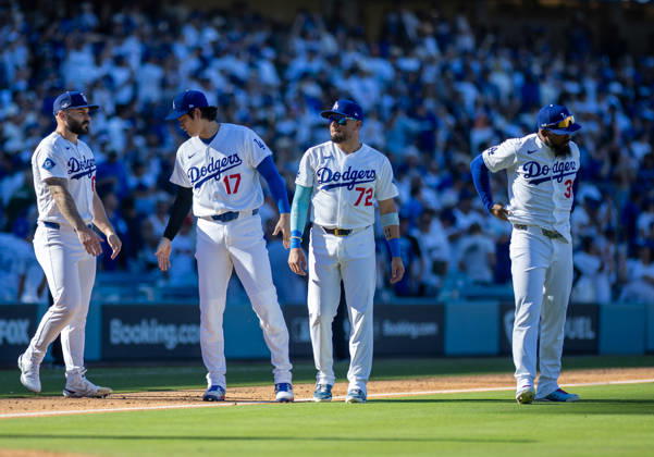 October 3, 2026, Los Angeles, California, USA: 17 Shohei Ohtani of the Los Angeles Dodgers congratulates team mates after winning game one of the NLDS against the Atlanta Braves at Dodger Stadium on October 03, 2026 in Los Angeles, California. Los Angeles Dodgers won the game 5-3. . Los Angeles USA - ZUMAa60_ 20261003_zaf_a60_040 Copyright: xArmandoxArorizox