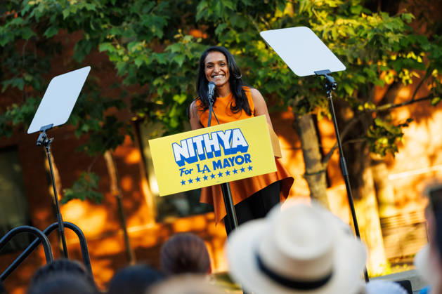 October 4, 2026, Los Angeles, California, USA: Los Angeles mayoral candidate NITHYA RAMAN gives a speech to her supporters during an event at Los Angeles Trade-Technical College in downtown Los Angeles on Sunday, Oct. 4, 2026. A recent poll by UC Berkeley indicates that Raman currently leads Los Angeles Mayor Karen Bass by 11 points, 39% to 28% Los Angeles USA - ZUMAt176 20261004_zsp_t176_001 Copyright: xJacksonxTammariellox