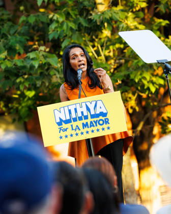 October 4, 2026, Los Angeles, California, USA: Los Angeles mayoral candidate NITHYA RAMAN gives a speech to her supporters during an event at Los Angeles Trade-Technical College in downtown Los Angeles on Sunday, Oct. 4, 2026. A recent poll by UC Berkeley indicates that Raman currently leads Los Angeles Mayor Karen Bass by 11 points, 39% to 28% Los Angeles USA - ZUMAt176 20261004_zsp_t176_004 Copyright: xJacksonxTammariellox