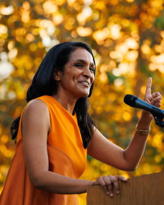 October 4, 2026, Los Angeles, California, USA: Los Angeles mayoral candidate NITHYA RAMAN gives a speech to her supporters during an event at Los Angeles Trade-Technical College in downtown Los Angeles on Sunday, Oct. 4, 2026. A recent poll by UC Berkeley indicates that Raman currently leads Los Angeles Mayor Karen Bass by 11 points, 39% to 28% Los Angeles USA - ZUMAt176 20261004_zsp_t176_006 Copyright: xJacksonxTammariellox