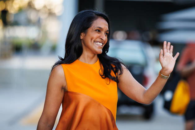 October 4, 2026, Los Angeles, California, USA: Los Angeles mayoral candidate NITHYA RAMAN waves to supporters as she walks toward the stage during an event at Los Angeles Trade-Technical College in downtown Los Angeles on Sunday, Oct. 4, 2026. Los Angeles USA - ZUMAt176 20261004_zsp_t176_017 Copyright: xJacksonxTammariellox