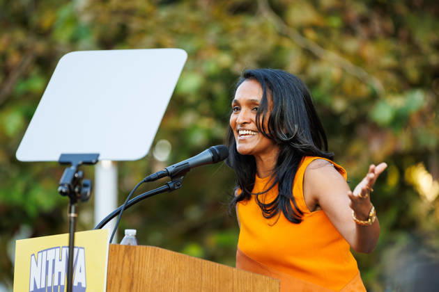 October 4, 2026, Los Angeles, California, USA: Los Angeles mayoral candidate NITHYA RAMAN speaks to her supporters during an event at Los Angeles Trade-Technical College in downtown Los Angeles on Sunday, Oct. 4, 2026. A recent poll by UC Berkeley indicates that Raman currently leads Los Angeles Mayor Karen Bass by 11 points, 39% to 28% Los Angeles USA - ZUMAt176 20261004_zsp_t176_022 Copyright: xJacksonxTammariellox