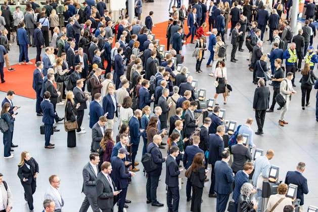 EXPO REAL 2026 in Munich, October 5, 2026: Trade visitors on their way to the exhibition halls at the Messe München grounds. First day of EXPO REAL 2026, the international trade fair for real estate, investments, and infrastructure will take place in Munich from October 5 to 7, 2026, bringing to