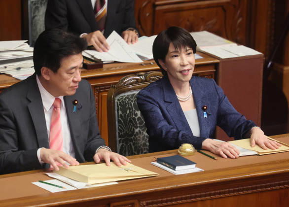 October 5, 2026, Tokyo, Japan - Japanese Prime Minister Sanae Takaichi (R) chats with Chief Cabinet Secretary Minoru Kihara (L) after she delivered her policy speech at Lower House s plenary session at the National Diet in Tokyo on Monday, October 5, 2026. The 69-day extraordinary Diet session will convene through December 12. (photo by Yoshio Tsunoda AFLO) aflo_353477599