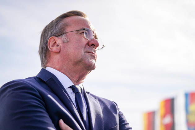 Germany, Emden: Federal Minister of Defense Boris Pistorius gazes into the distance during a press conference on the decision regarding the German Navy’s new naval base in Emden. Flags are visible in the background. Portrait, side profile, low-angle shot, Boris Pistorius, Federal Minister of Defense, Federa Copyright: xJOERANxSTEINSIEKx