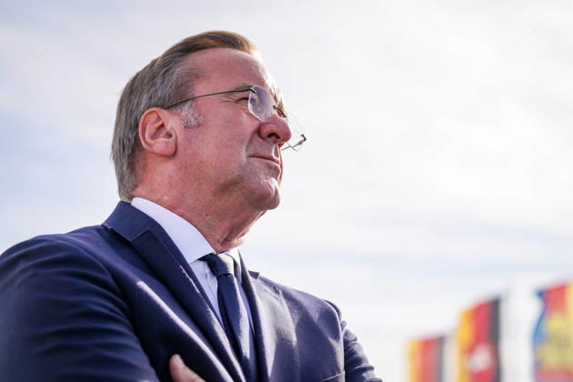 Germany, Emden: Federal Minister of Defense Boris Pistorius gazes into the distance during a press conference on the decision regarding the German Navy’s new naval base in Emden. Flags are visible in the background. Portrait, side profile, low-angle shot, Boris Pistorius, Federal Minister of Defense, Federa Copyright: xJOERANxSTEINSIEKx