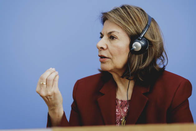 Laura Chinchilla Miranda, President of Costa Rica and Co-Chair of the ENSK, photographed during the press conference to introduce the North-South Commission on Development Policy in Berlin, October 5, 2026, Berlin, Germany Copyright: xFlorianxGaertnerx