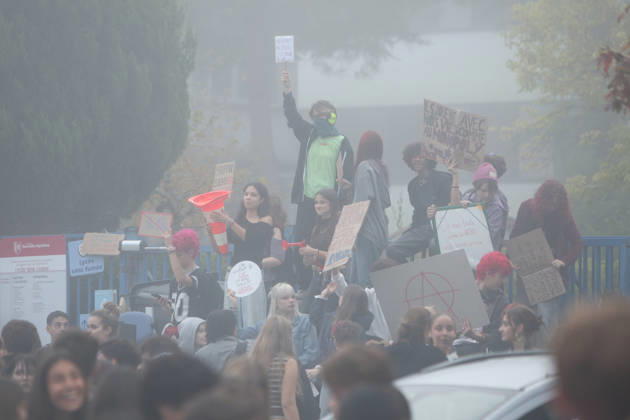 October 5, 2026, Bayonne, Nouvelle Aquitaine, France: High school students gather in front of the Reno Cassin high school during a protest against the government in Bayonne, southwestern France, on October 5, 2026. Students have been blocking schools across France since September 21 to demand more teachers, smaller classes and better school buildings. Bayonne France - ZUMAb298 20261005_zsp_b298_021 Copyright: xJulesxBuonx