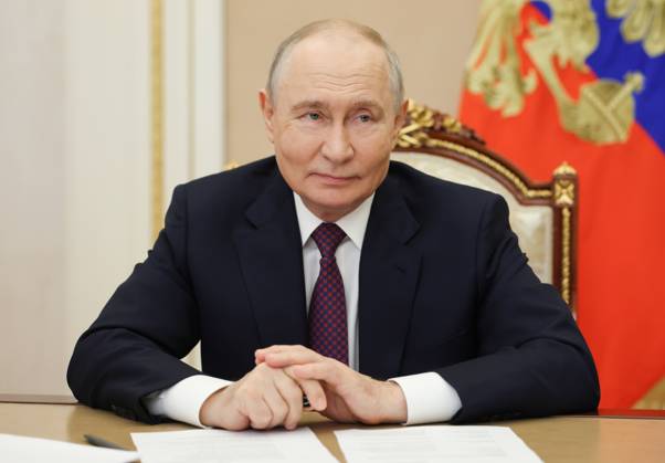 Russia Putin Educational Complex 9257873 05.10.2026 Russian President Vladimir Putin attends via video link a meeting marking the opening of the Point of the Future educational complex in the settlement of Zhatay, Republic of Sakha (Yakutia), at the Kremlin in Moscow, Russia. Vyacheslav Prokofiev Sputnik Moscow Russia Copyright: xVyacheslavxProkofievx