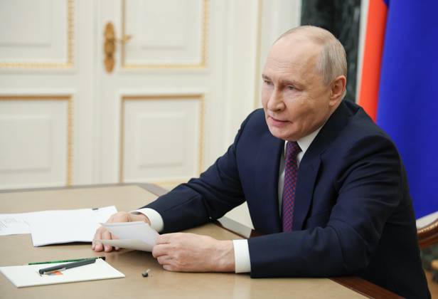 Russia Putin Educational Complex 9257876 05.10.2026 Russian President Vladimir Putin attends via video link a meeting marking the opening of the Point of the Future educational complex in the settlement of Zhatay, Republic of Sakha (Yakutia), at the Kremlin in Moscow, Russia. Vyacheslav Prokofiev Sputnik Moscow Russia Copyright: xVyacheslavxProkofievx