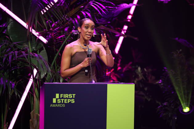 FIRST STEPS 2026 Götz George Young Talent Award: Laudation by Hadnet Tesfai; Award Ceremony on Stage at the FIRST STEPS 2026 Awards Ceremony at the Theater des Westens in Berlin Copyright: xEventpressxFuhrx