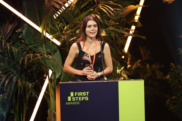 FIRST STEPS 2026 Big Audience Award-winning book *OPERATION OBERLAND* by Patricia Schütz; award presentation on stage at the FIRST STEPS 2026 awards ceremony at the Theater des Westens in Berlin Copyright: xEventpressxFuhrx