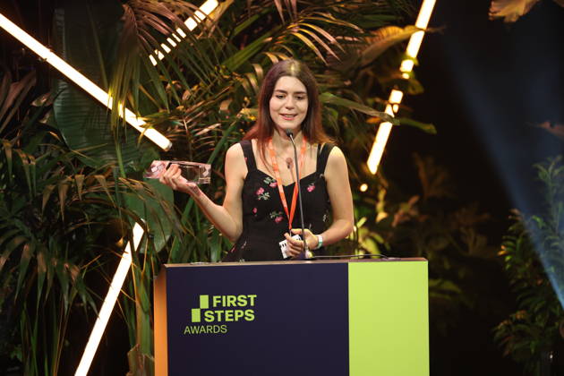FIRST STEPS 2026 Big Audience Award-winning book *OPERATION OBERLAND* by Patricia Schütz; award presentation on stage at the FIRST STEPS 2026 awards ceremony at the Theater des Westens in Berlin Copyright: xEventpressxFuhrx