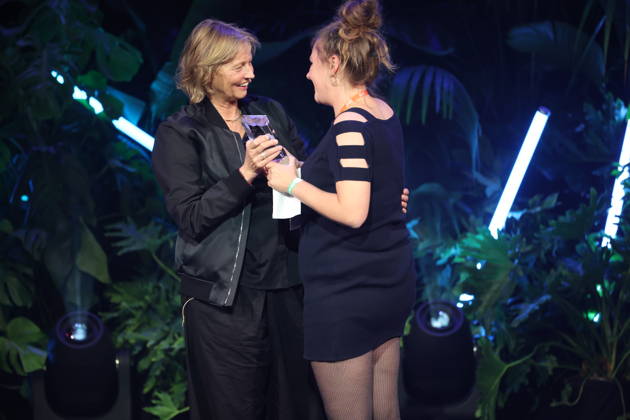 FIRST STEPS 2026 Michael Ballhaus Award: Laudation by Bella Halben and Michael Ballhaus; Award-winning film: RUN ME WILD, cinematography by Lea Dähne; Award ceremony on stage at the FIRST STEPS 2026 awards ceremony at the Theater des Westens in Berlin Copyright: xEventpressxFuhrx