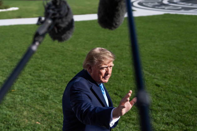 White House Departure 10 05 26 UNITED STATES - OCTOBER 5: President Donald Trump speaks with reporters on the South Lawn of the White House before boarding Marine One en route to Nebraska on Monday, October 5, 2026. (Tom Williams CQ Roll Call) Washington DC United States EDITORIAL USE ONLY Copyright: x2026xCQ-RollxCall,xInc.x TomxWilliamsx rollcallpix173140