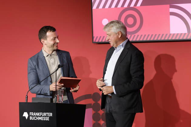 Frankfurt Impressions, October 6, 2026: The 78th Frankfurt Book Fair bids farewell to its long-time director, Juergen Boos (left). Sebastian GUGGOLZ, Chairman of the German Publishers and Booksellers Association, Frankfurt am Main, Hesse, Germany